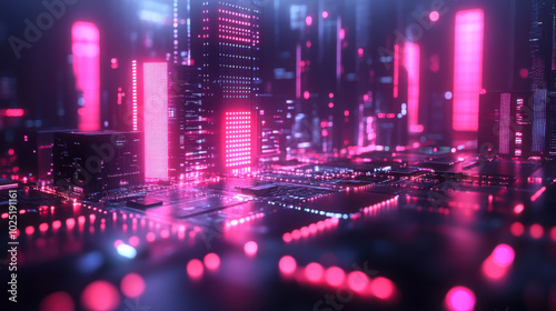 Futuristic digital cityscape with glowing neon lights and interconnected circuits at night photo