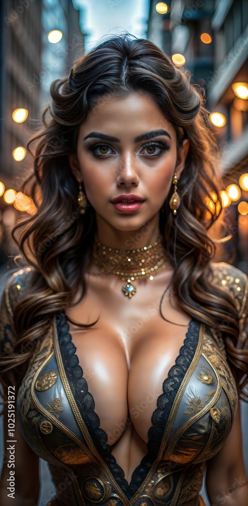 Obraz premium A young woman in a stylish outfit with intricate details poses confidently on a city street illuminated by evening lights. Generative AI
