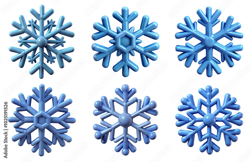 Fototapeta premium 3d render set of snowflake isolated on transparent background Cartoon Illustration in plastic style