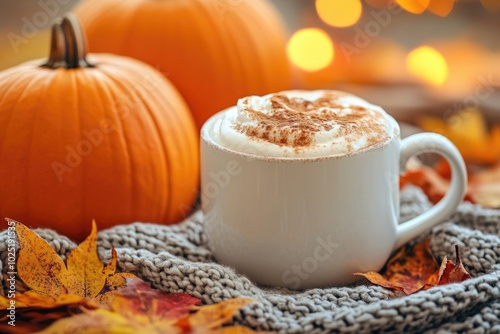 Cozy autumn pumpkin spice latte with whipped cream