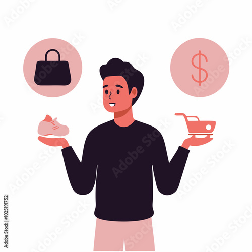 Young man weighing shopping choices with icons of shoes and cart