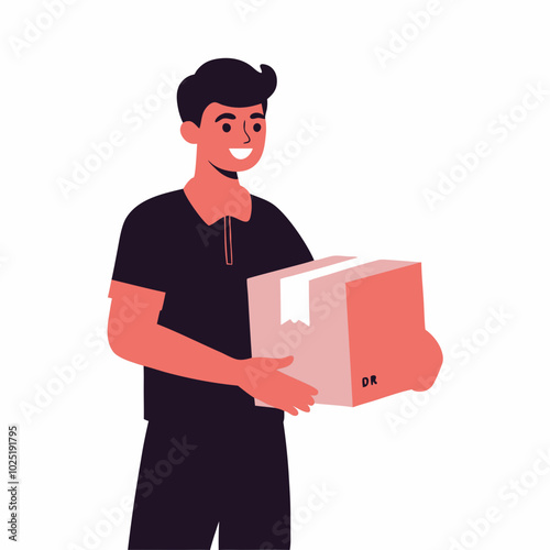 Smiling delivery person holding a package on white background