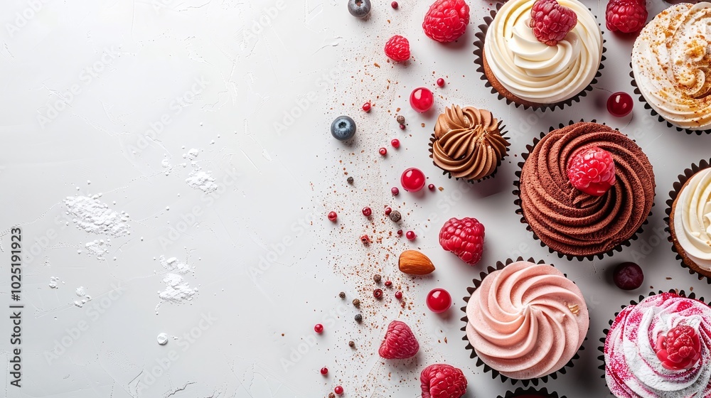 Assorted gourmet cupcakes topped with berries and cream, flat lay on a light background, ideal for dessert, sweet treats, or bakery-themed visuals with copyspace for text.
Assorted gourmet cupcakes topped with berries and cream, flat lay on a light background, ideal for dessert, sweet treats, or bakery-themed visuals with copyspace for text.