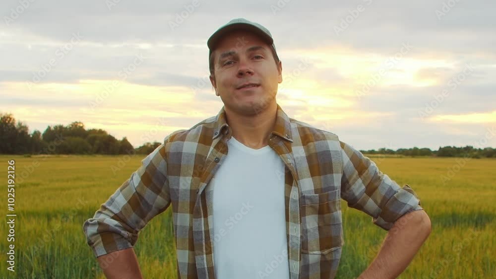 Farmer in front of a sunset agricultural landscape. Man in a countryside field. Country life, food production, farming and country lifestyle concept. Farmer in front of a sunset agricultural landscape. Man in a countryside field. Country life, food production, farming and country lifestyle concept.