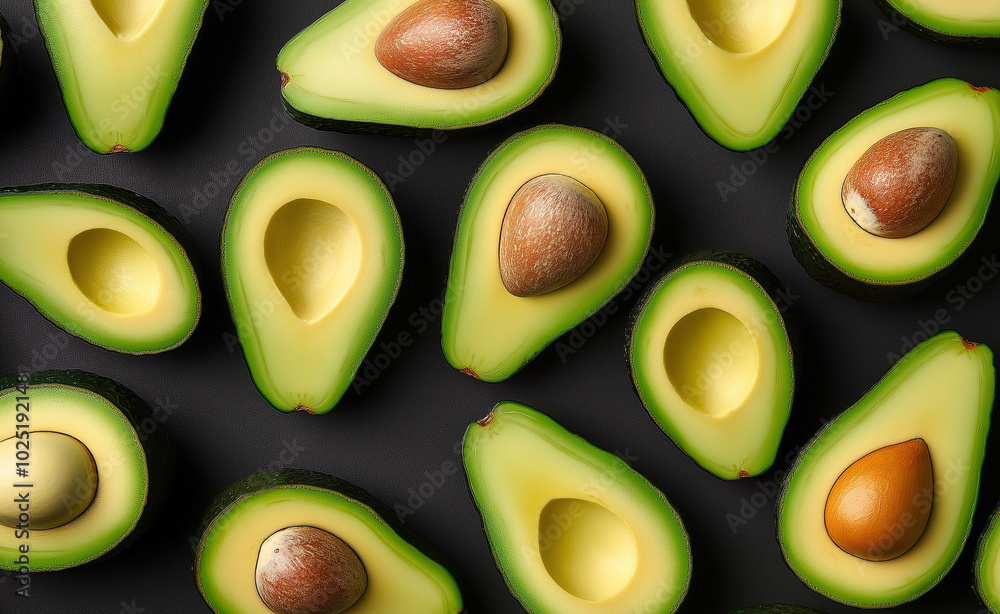 A flat lay arrangement of halved avocados, showcasing their vibrant green flesh and brown seeds against a light background. A flat lay arrangement of halved avocados, showcasing their vibrant green flesh and brown seeds against a light background.