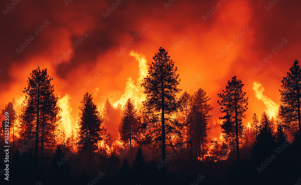 A dense forest engulfed in flames at night, with tall trees silhouetted against the intense orange and red glow of a wildfire. A dense forest engulfed in flames at night, with tall trees silhouetted against the intense orange and red glow of a wildfire.
