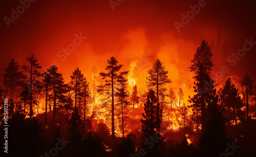 A dense forest engulfed in flames at night, with tall trees silhouetted against the intense orange and red glow of a wildfire.