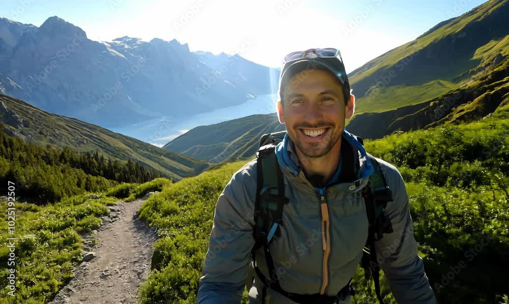 German Man Hiking and Smiling on Mountain Trail German Man Hiking and Smiling on Mountain Trail