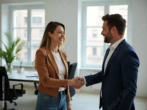 two smiling professional businessmen shaking hands in office

