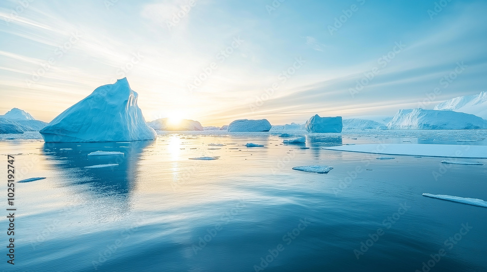 Icebergs floating in a serene Arctic landscape, with calm water reflecting the bright sunlight and clear blue sky. Icebergs floating in a serene Arctic landscape, with calm water reflecting the bright sunlight and clear blue sky.