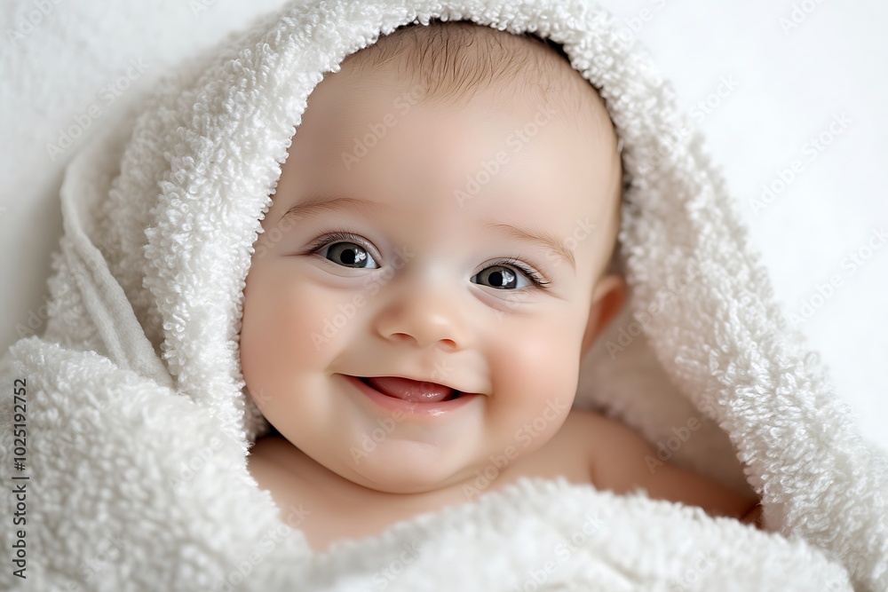 Adorable baby enveloped in a fluffy towel, bright smile, crisp white background, closeup shot with natural light. Adorable baby enveloped in a fluffy towel, bright smile, crisp white background, closeup shot with natural light.