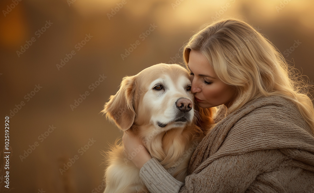 A woman affectionately embracing a golden retriever, sharing an emotional moment of warmth and love. A woman affectionately embracing a golden retriever, sharing an emotional moment of warmth and love.