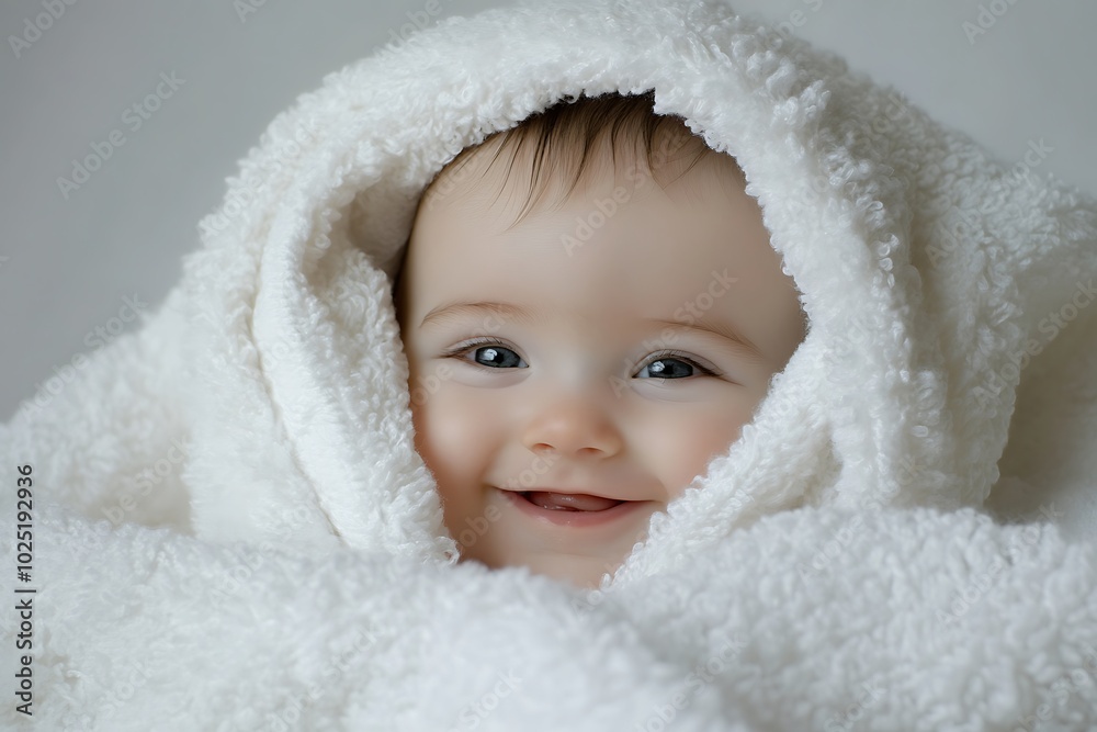 Adorable baby enveloped in a fluffy towel, bright smile, crisp white background. Adorable baby enveloped in a fluffy towel, bright smile, crisp white background.