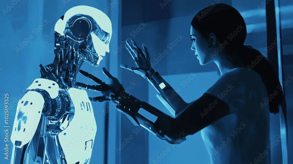 Depict a human figure actively collaborating with a robot or AI system. The human could be using a holographic interface, tablet, or computer, while the robot provides feedback or assists in real-time