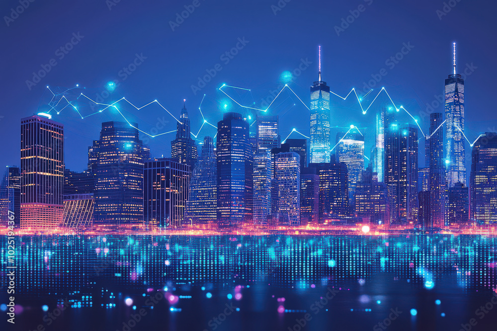 Smart City at Night with Digital Data Overlay Smart City at Night with Digital Data Overlay