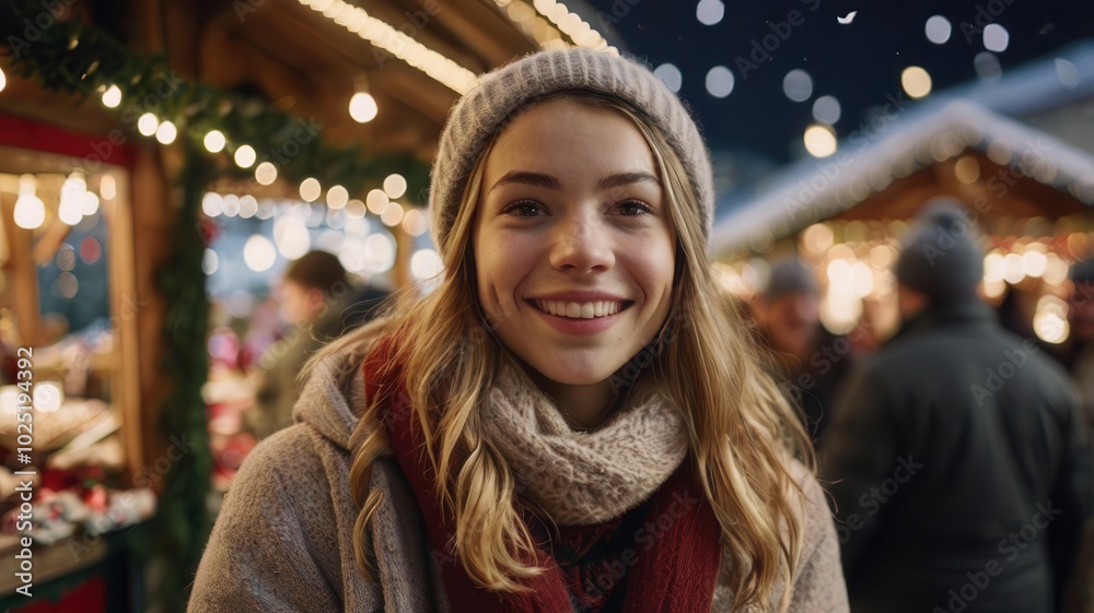 Smiling woman in earflap hat enjoying festive winter event