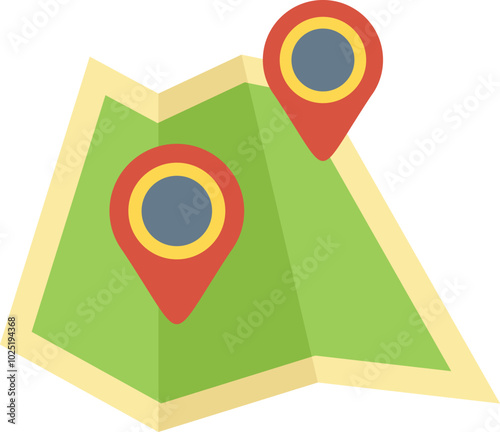 Folded abstract map with two red location pins showing the destination point