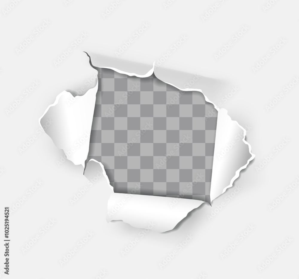 Torn paper effect. Handmade blank cardboard paper with torn hole. Announcement and outdoor advertising. Frame with copy space. Realistic vector illustration isolated on transparent background