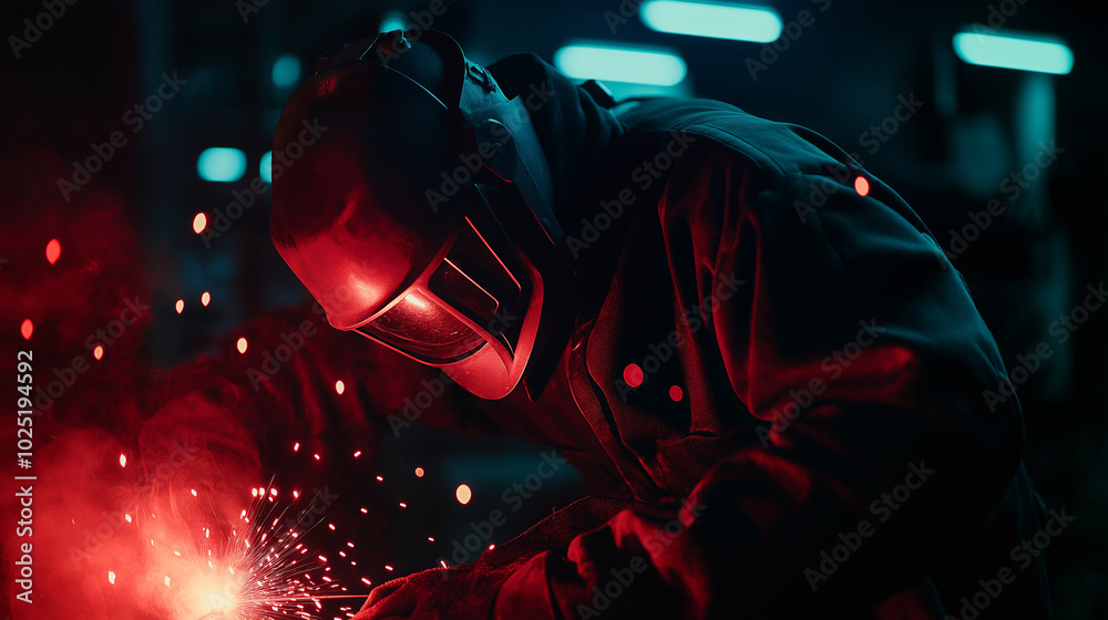 Welding sparks flying with a vibrant mix of blue and red light, showing a worker welding metal. Welding sparks flying with a vibrant mix of blue and red light, showing a worker welding metal.
