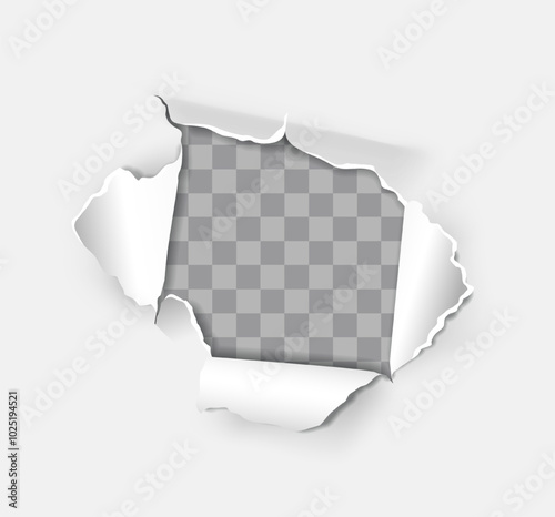 Torn paper effect. Handmade blank cardboard paper with torn hole. Announcement and outdoor advertising. Frame with copy space. Realistic vector illustration isolated on transparent background