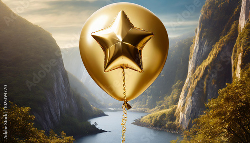 A golden star-shaped balloon floats serenely above a peaceful river valley surrounded by lush hills during sunset photo