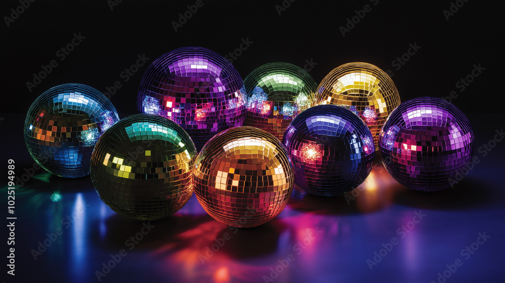 Colorful reflective spheres in a gradient of pink, purple, blue, and gold, glowing under vibrant lighting. Colorful reflective spheres in a gradient of pink, purple, blue, and gold, glowing under vibrant lighting.