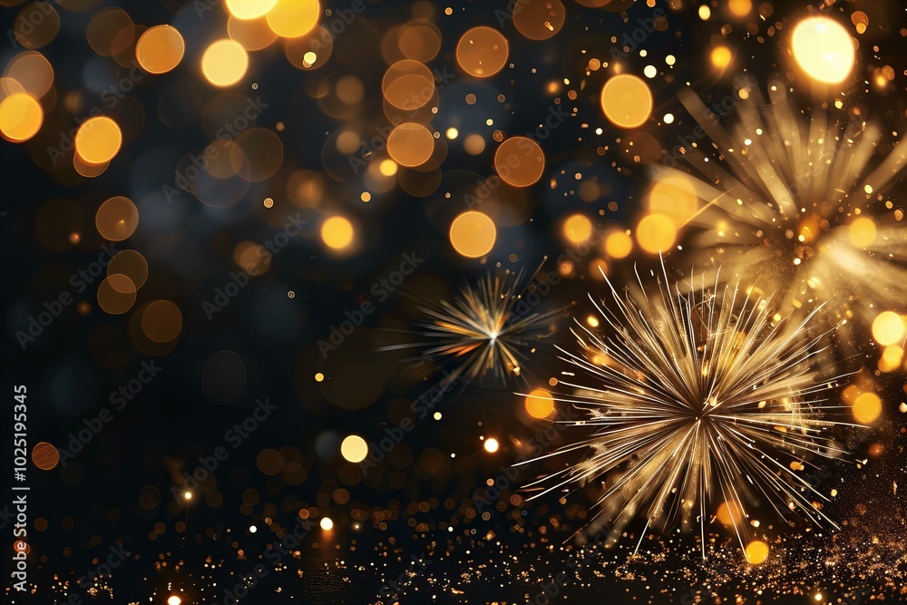 Fototapeta premium gold bokeh lights and fireworks banner on black background