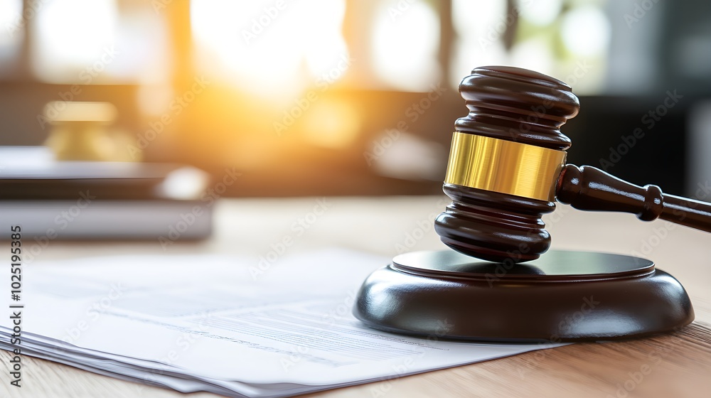 Close-Up of Gavel on Legal Documents with Sunset Light Close-Up of Gavel on Legal Documents with Sunset Light