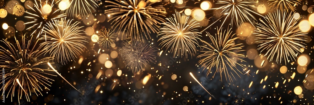 gold bokeh lights and fireworks banner on black background gold bokeh lights and fireworks banner on black background