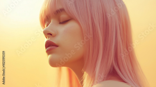 Profile of a woman with short pink hair and closed eyes, captured in soft lighting.