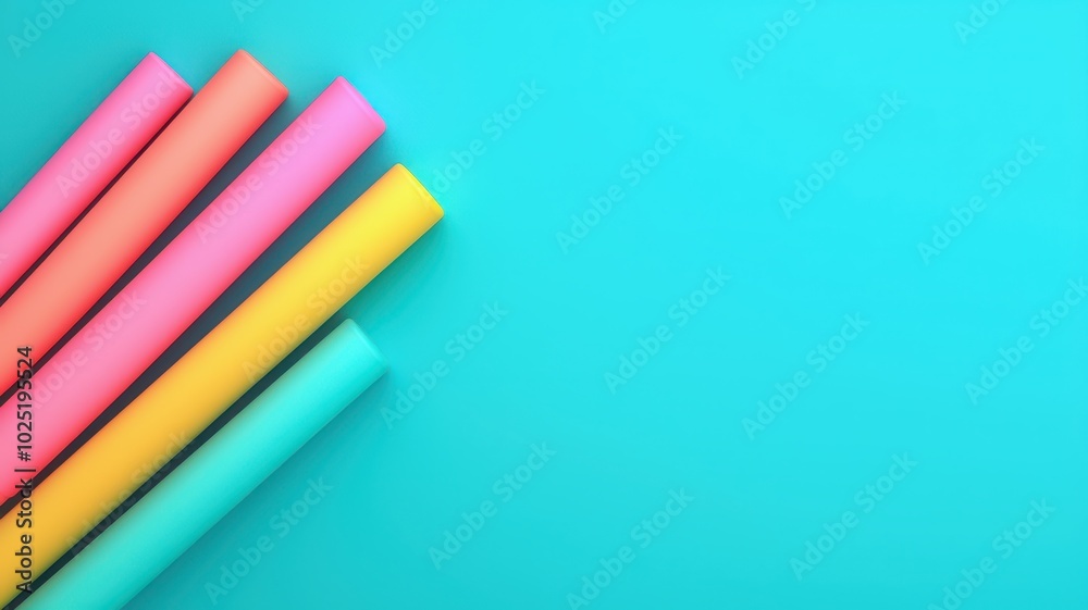 Colorful rolls of paper on a vibrant teal background, perfect for creative projects. Colorful rolls of paper on a vibrant teal background, perfect for creative projects.