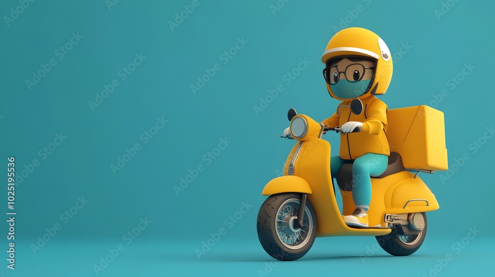 Safe delivery concept. 3d illustration. Cartoon character. The courier in medical mask and yellow uniform is in a hurry to deliver the order on a motor bike. Safe delivery concept. 3d illustration. Cartoon character. The courier in medical mask and yellow uniform is in a hurry to deliver the order on a motor bike.