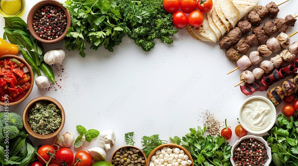 Fresh vegetables, grilled skewers, and spices arranged in a frame on a white background with copyspace, perfect for healthy eating, summer cooking, or food styling visuals.
Fresh vegetables, grilled skewers, and spices arranged in a frame on a white background with copyspace, perfect for healthy eating, summer cooking, or food styling visuals.