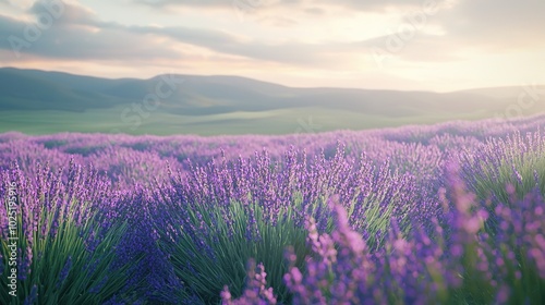  A sky filled with clouds, with a mountain range in the background, surrounded by a field of vibrant purple flowers