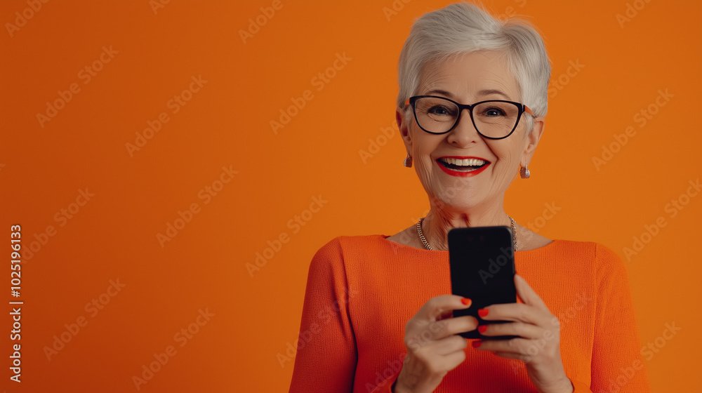 Smiling elderly woman in an orange outfit laughing while using a smartphone against an orange background. Smiling elderly woman in an orange outfit laughing while using a smartphone against an orange background.
