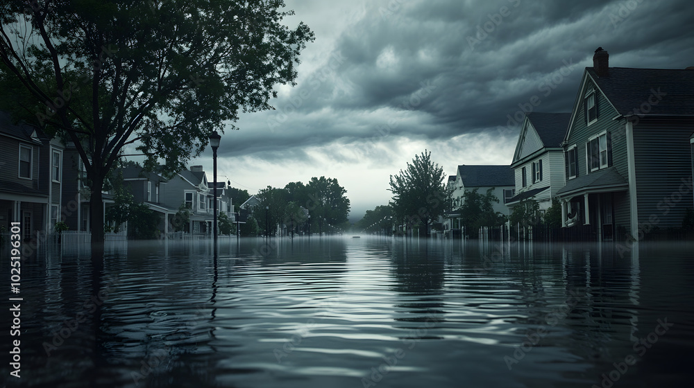 Flooded city after a storm or a hurricane, natural disaster, high water caused by climate change Flooded city after a storm or a hurricane, natural disaster, high water caused by climate change