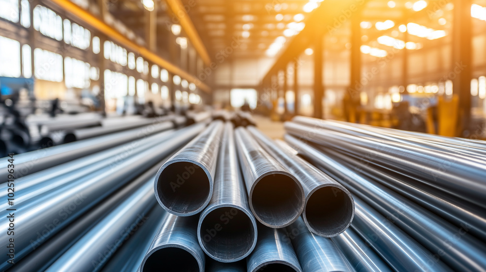 Steel pipes stacked in a large industrial warehouse with sunlight streaming through the windows. Steel pipes stacked in a large industrial warehouse with sunlight streaming through the windows.