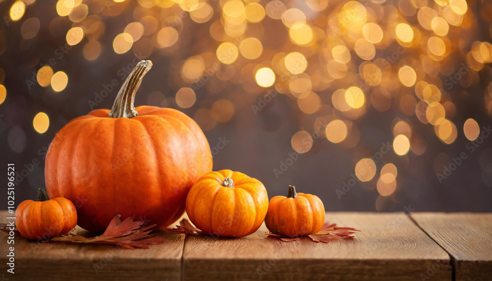A vibrant display of pumpkins on a wooden table with autumn leaves against a backdrop of twinkling lights during the fall season A vibrant display of pumpkins on a wooden table with autumn leaves against a backdrop of twinkling lights during the fall season