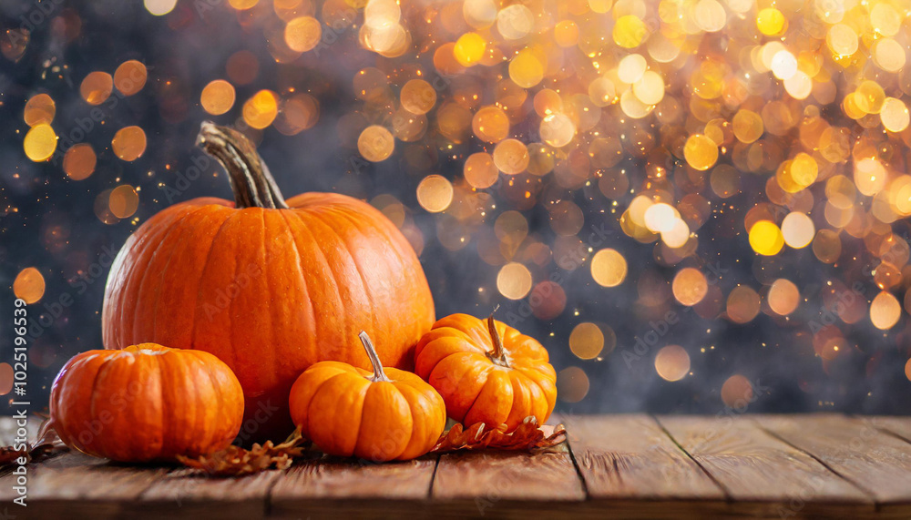Autumn harvest with bright orange pumpkins on a rustic wooden table against a backdrop of shimmering golden bokeh lights Autumn harvest with bright orange pumpkins on a rustic wooden table against a backdrop of shimmering golden bokeh lights
