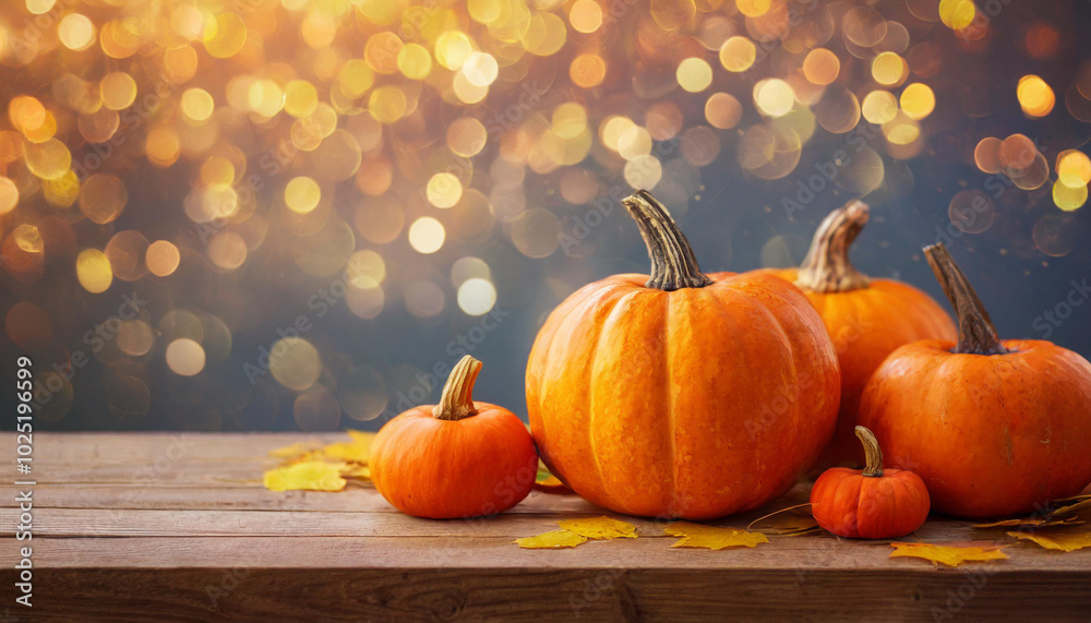 Colorful pumpkins arranged on a rustic wooden table with golden autumn leaves against a blurred shimmering background Colorful pumpkins arranged on a rustic wooden table with golden autumn leaves against a blurred shimmering background