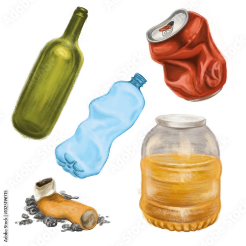 waste bottles and trashes illustration isolated on white