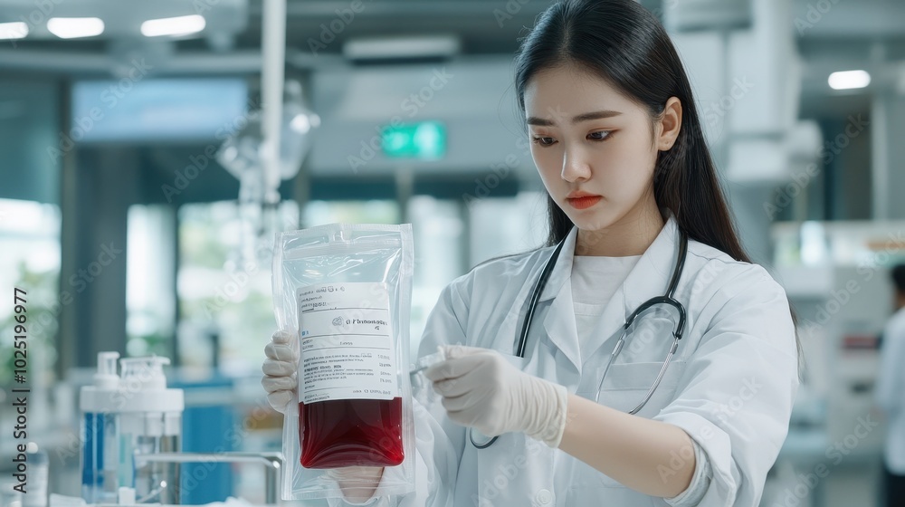 A female doctor examines a blood sample bag in a laboratory, emphasizing medical research and healthcare practices. A female doctor examines a blood sample bag in a laboratory, emphasizing medical research and healthcare practices.
