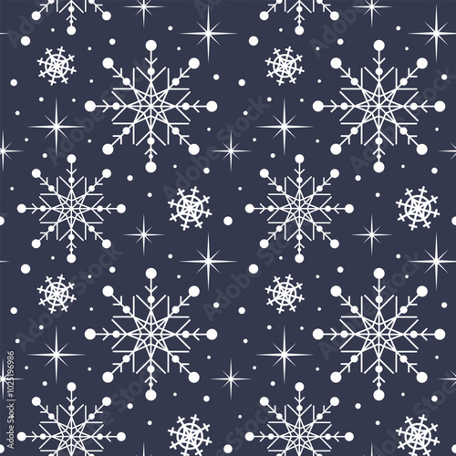 A seamless winter pattern featuring delicate snowflakes on a dark gray background. Perfect for holiday designs, textiles, and festive decorations, capturing the enchanting beauty of winter.