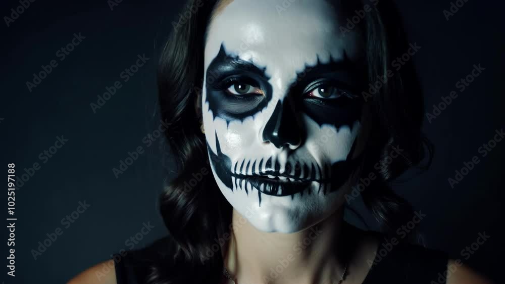 A mysterious woman with a haunting skull face paint, celebrating Halloween with a dark and eerie look, invoking the spirit of the holiday. A mysterious woman with a haunting skull face paint, celebrating Halloween with a dark and eerie look, invoking the spirit of the holiday.