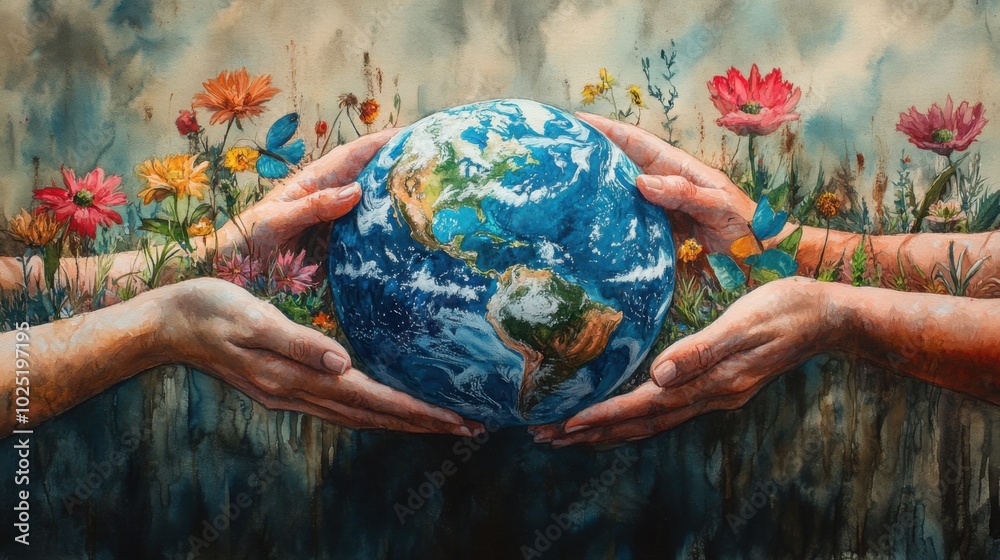 Watercolor Style Earth Day Celebration with Green Symbols for Environmental Awareness Watercolor Style Earth Day Celebration with Green Symbols for Environmental Awareness