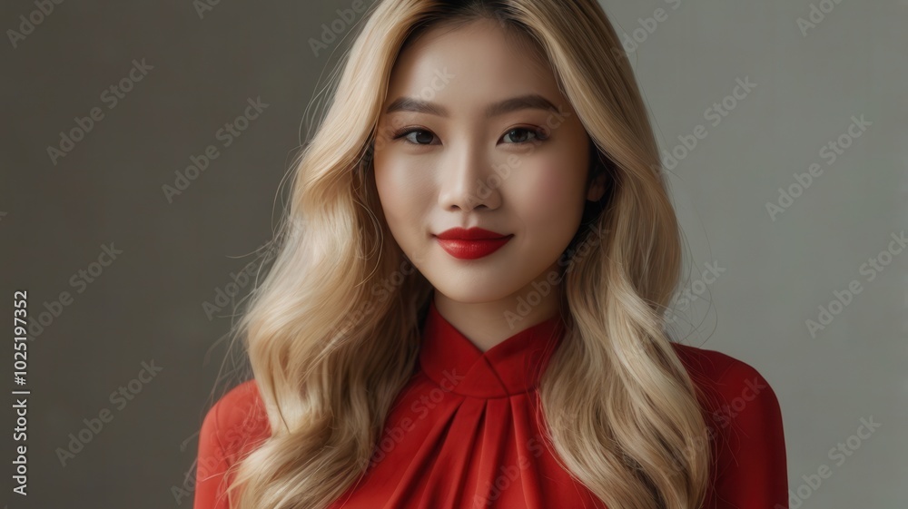 Blonde woman in deep red blouse with light waves and red lipstick, slight smile Blonde woman in deep red blouse with light waves and red lipstick, slight smile