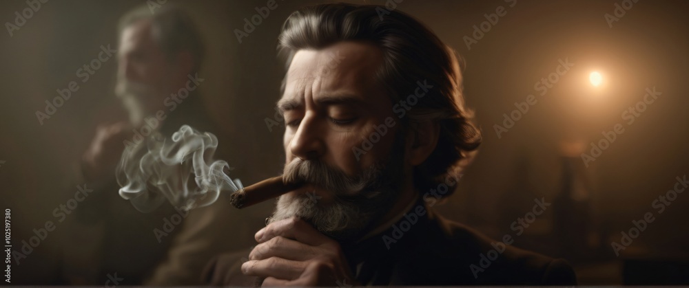 Fototapeta premium man smoking a cigarette in front of a mirror