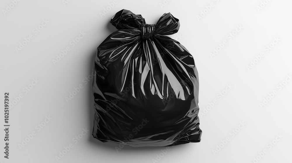 Black garbage bag tied at the top, placed against a plain light background. Black garbage bag tied at the top, placed against a plain light background.