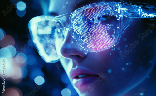 Wallpaper Mural Silhouette of a person blindfolded with neon lights and bokeh effects in a futuristic, abstract setting. Torontodigital.ca