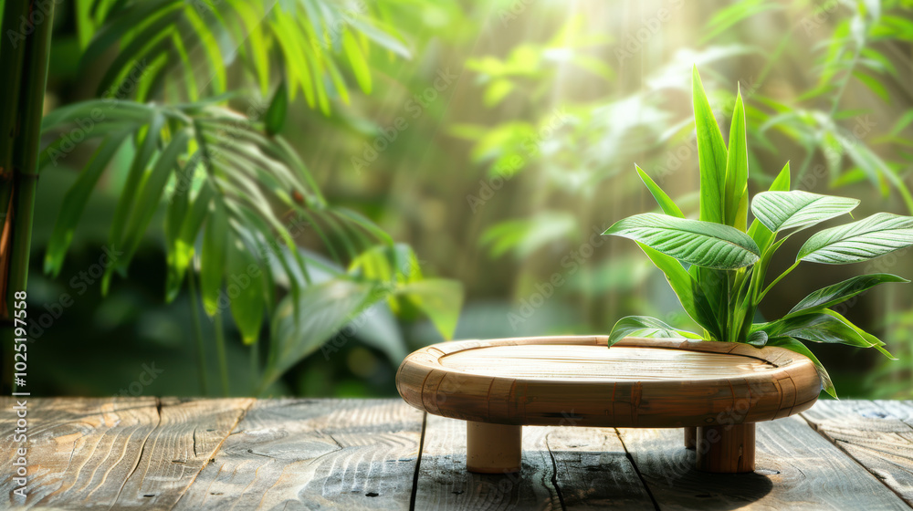 A serene bamboo table with a small plant, surrounded by lush greenery and soft sunlight, creating a tranquil atmosphere. A serene bamboo table with a small plant, surrounded by lush greenery and soft sunlight, creating a tranquil atmosphere.